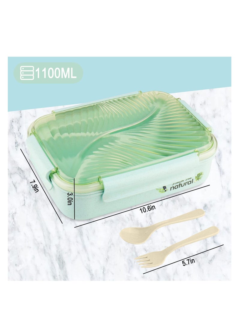 Bento Lunch Box for Adults Leakproof Boxes 1100ML with Utensils Wheat Straw - Meal Prep Containers Portion Control Microwave & Dishwasher Safe BPA Free (Green