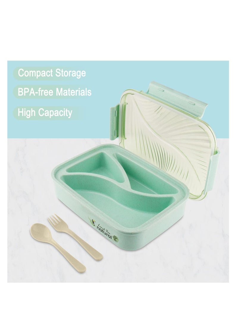 Bento Lunch Box for Adults Leakproof Boxes 1100ML with Utensils Wheat Straw - Meal Prep Containers Portion Control Microwave & Dishwasher Safe BPA Free (Green