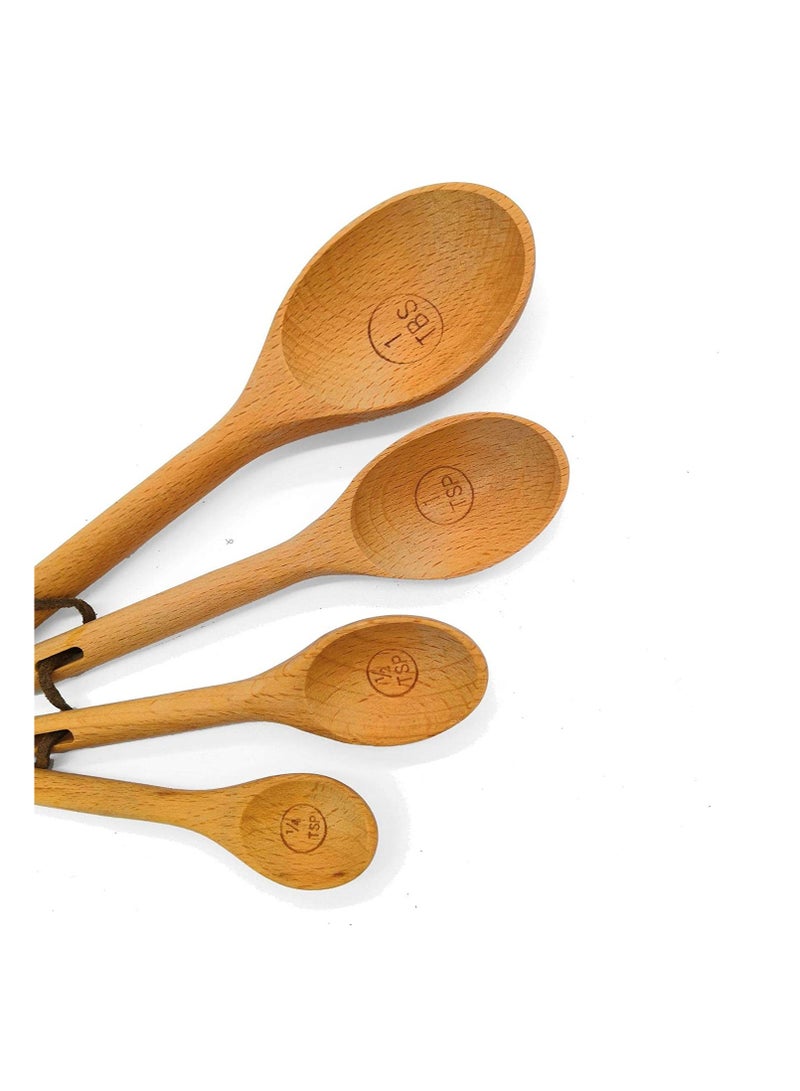 4PCS Wooden Beech Measuring Spoons Cups Baking Utensil Set, Engraved Accurate Spoons for Dry and Liquid Ingredients, No Paint Kitchen Cooking Tools Tablespoon