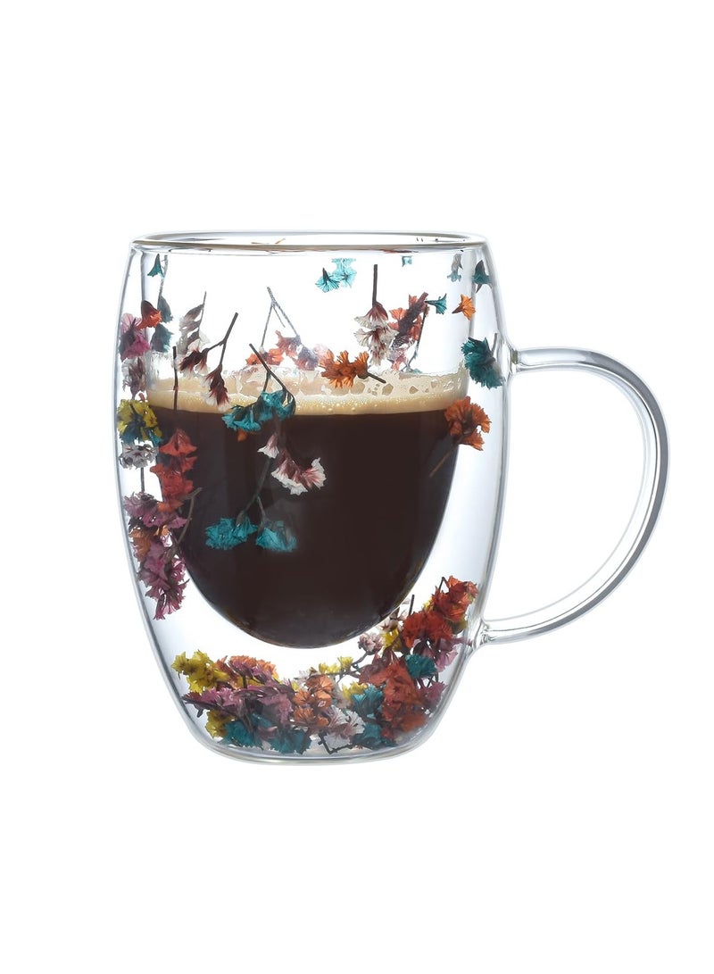 Double Walled Glass Coffee Mug with Handle, Insulated Layer Coffee Cup, Demitasse Clear Cups with Flower, Perfect for Cappuccino Tea Latte Espresso Hot Beverage, Colorful Flower, 300ml