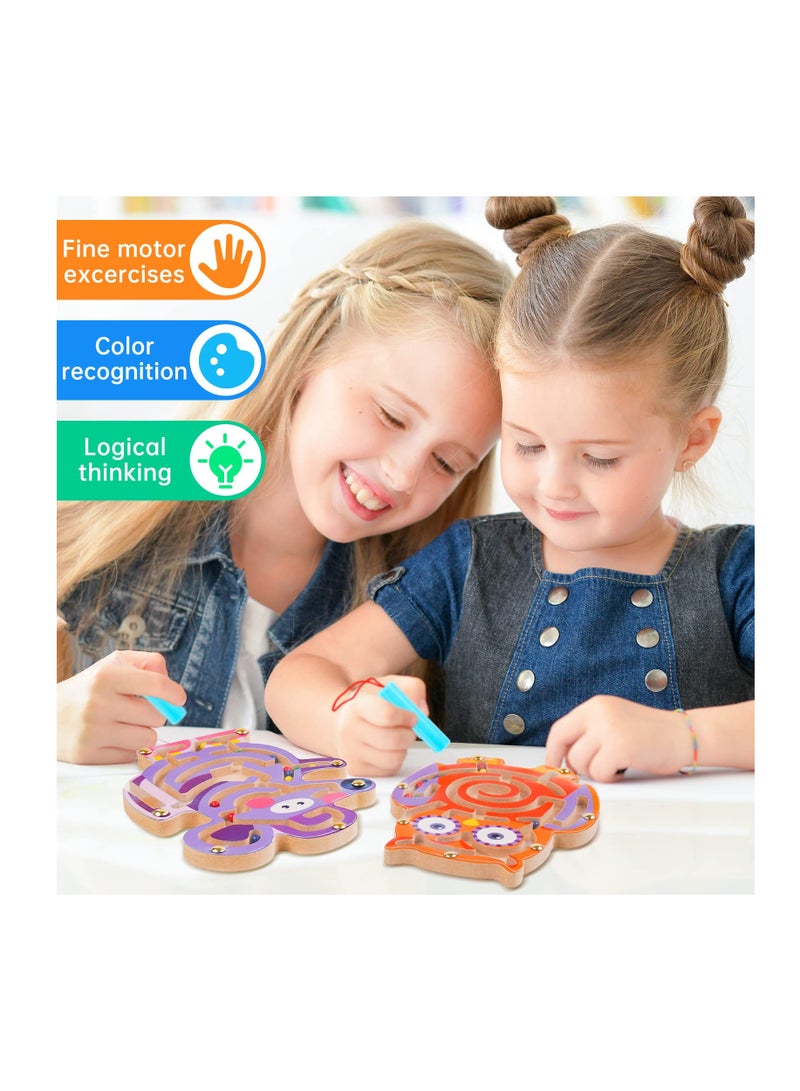 4PCS Animal Magnetic Maze Toys for Kids, Interactive Puzzle Game Board, Montessori Labyrinth, STEM Activity for Child Fine Motor Skill Development, Preschool Birthday Gift, Wooden, 7x8in