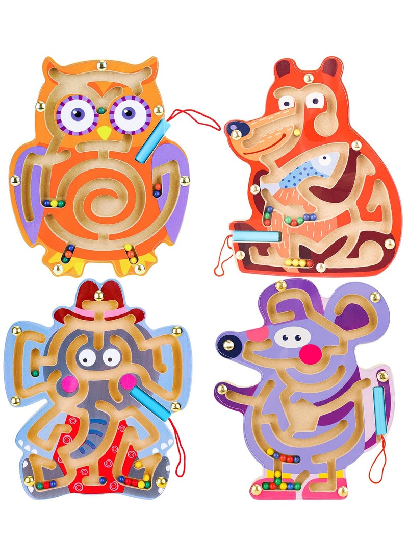 4PCS Animal Magnetic Maze Toys for Kids, Interactive Puzzle Game Board, Montessori Labyrinth, STEM Activity for Child Fine Motor Skill Development, Preschool Birthday Gift, Wooden, 7x8in