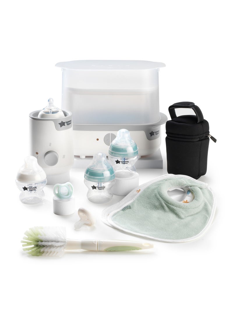 Complete Feeding Set, Electric Steam Steriliser with Insulated Bottle Bag, Newborn Self-Sterilising Baby Bottles and Easiwarm Bottle Warmer, White