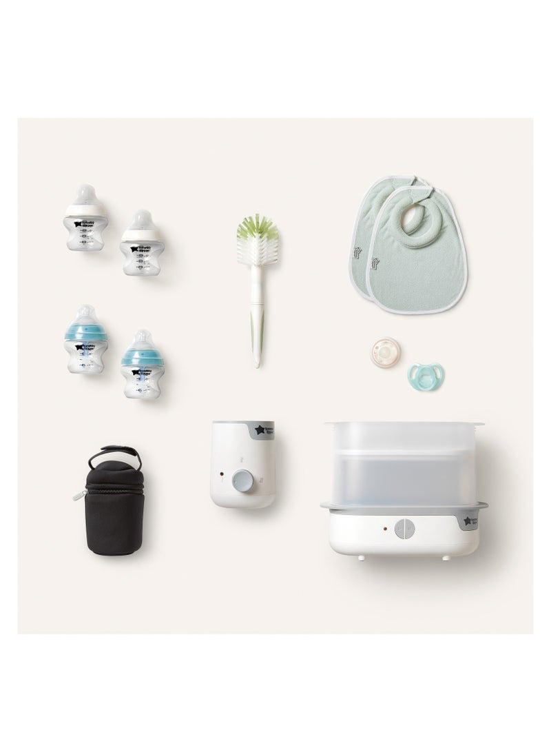 Complete Feeding Set, Electric Steam Steriliser with Insulated Bottle Bag, Newborn Self-Sterilising Baby Bottles and Easiwarm Bottle Warmer, White