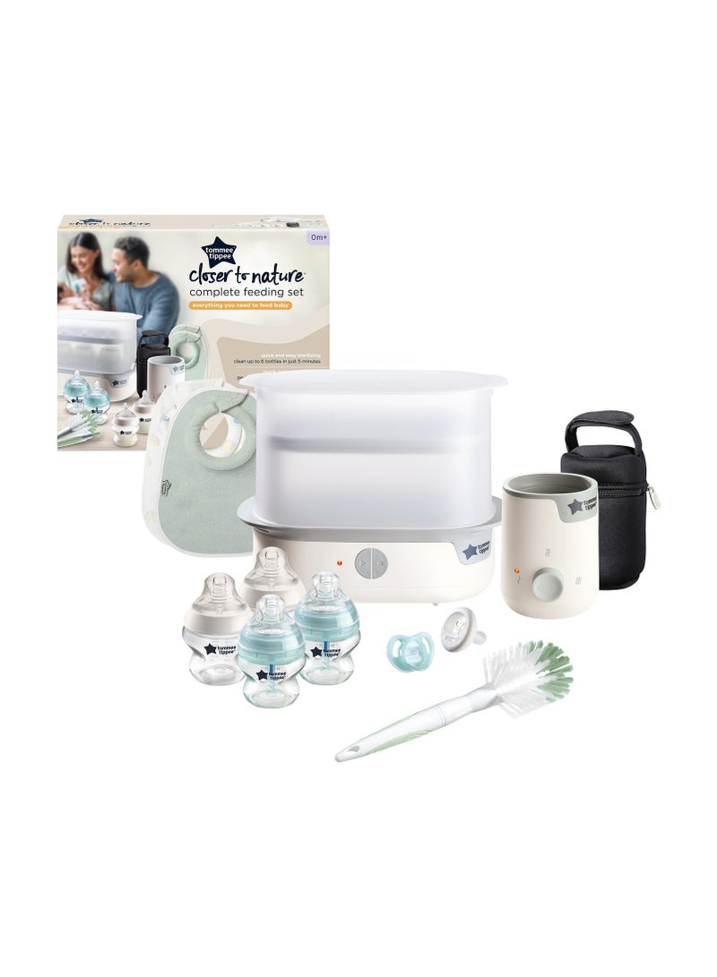 Complete Feeding Set, Electric Steam Steriliser with Insulated Bottle Bag, Newborn Self-Sterilising Baby Bottles and Easiwarm Bottle Warmer, White