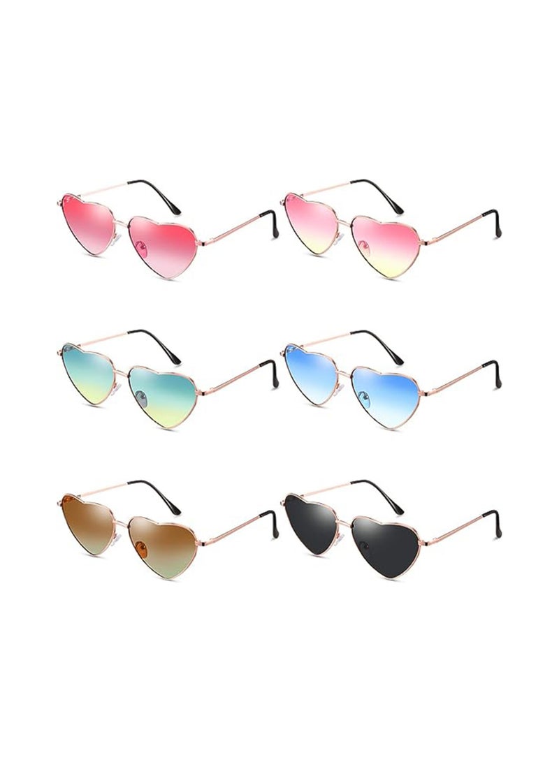 6 Pairs Heart Shaped Sunglasses Vintage Heart Frame Sunglasses Multicolor Metal Retro Glasses for Women