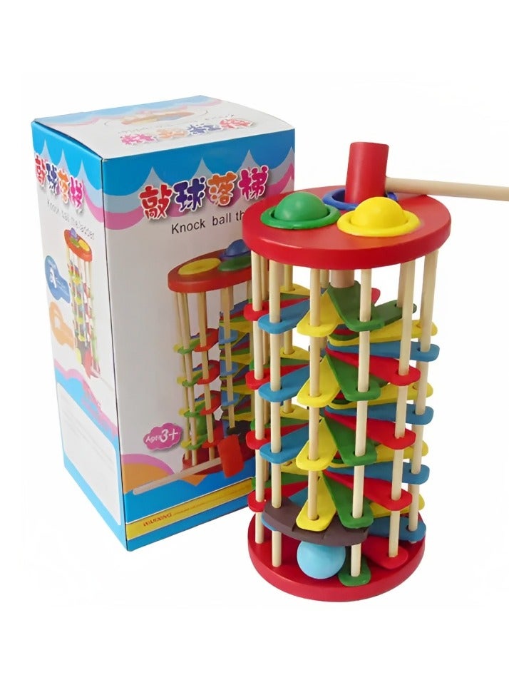 Early Learning Montessori Children Hand-Eye Coordination Training Wood Toys Roll Wood Tower with Hammer Knock Games Knock Ball Drop Ladder Game, Great Gift for Toddlers