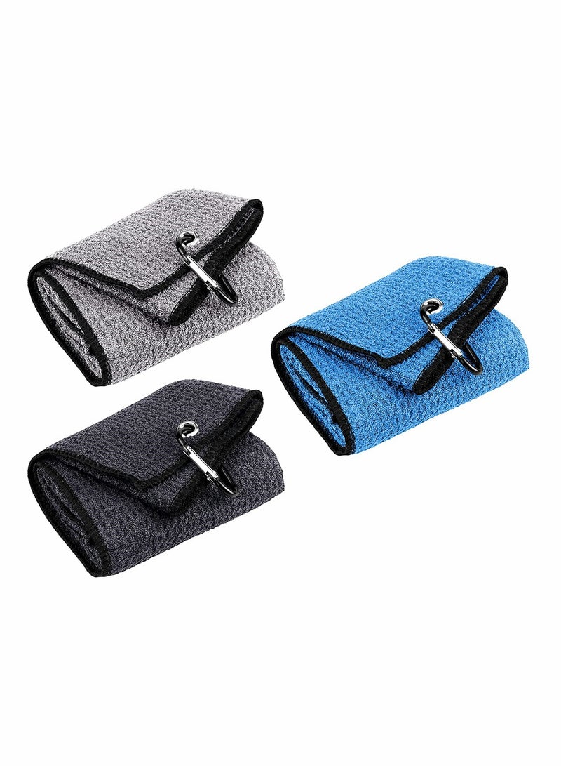 3 Pack Golf Towel, Sports Towel with Heavy Duty Carabiner Clip, Premium Microfiber Fabric Waffle Pattern Towel for Yoga, Golf, Gym, Camping, Running (Blue, Black, Gray)