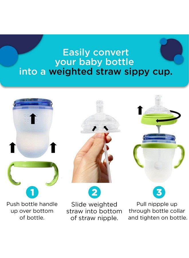 Straw Transition Cup Kit For Comotomo Baby Bottles ; Conversion Kit Fits 5 Ounce And 8 Ounce Bottles ; Soft Silicone Straw Top Bottle Nipple & Weighted Straw To Help Baby Transition ; 2 Pack (Green)