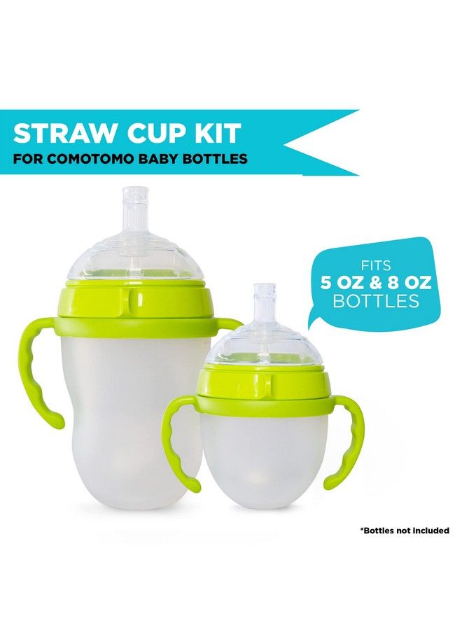 Straw Transition Cup Kit For Comotomo Baby Bottles ; Conversion Kit Fits 5 Ounce And 8 Ounce Bottles ; Soft Silicone Straw Top Bottle Nipple & Weighted Straw To Help Baby Transition ; 2 Pack (Green)