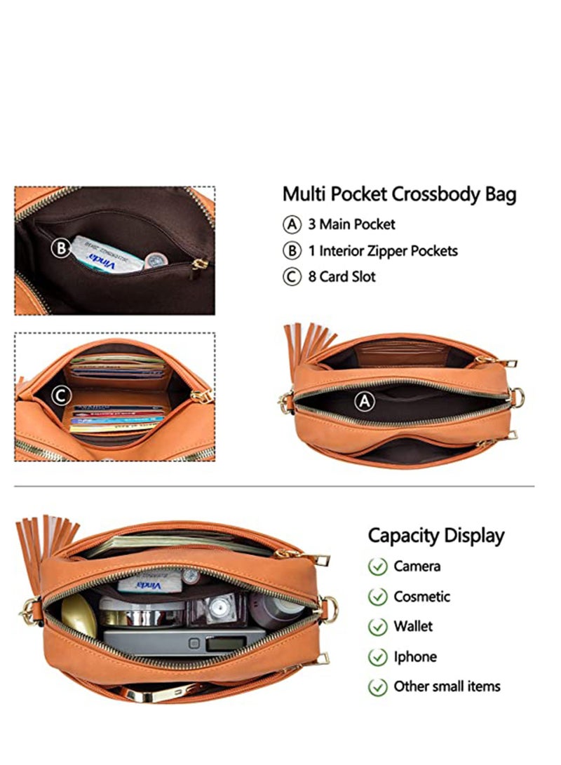 Vegan Leather Crossbody Bags For Women, Girls Triple Zip Small Bag with Wide Strap, Shoulder Handbags, Satchel Purse with Adjustable Strap, Trendy Fashion Shoulder Bag for Ladies (Yellow Brown)