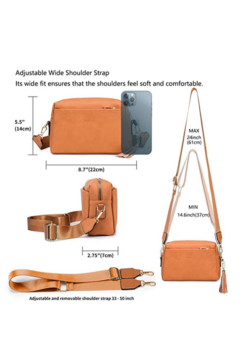 Vegan Leather Crossbody Bags For Women, Girls Triple Zip Small Bag with Wide Strap, Shoulder Handbags, Satchel Purse with Adjustable Strap, Trendy Fashion Shoulder Bag for Ladies (Yellow Brown)