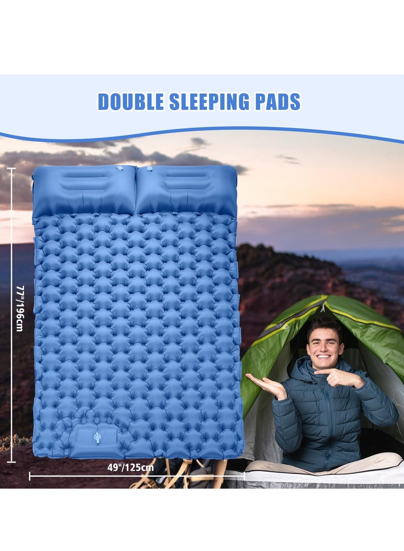 Double Sleeping Pad for Camping, 78''X49''X3.9'' Large Self Inflating Camping Sleeping Pad with Pillow Built-in Pump Portable 2 Person Camping Pad for Hiking, Backpacking, Tent Air Mattress(Blue)