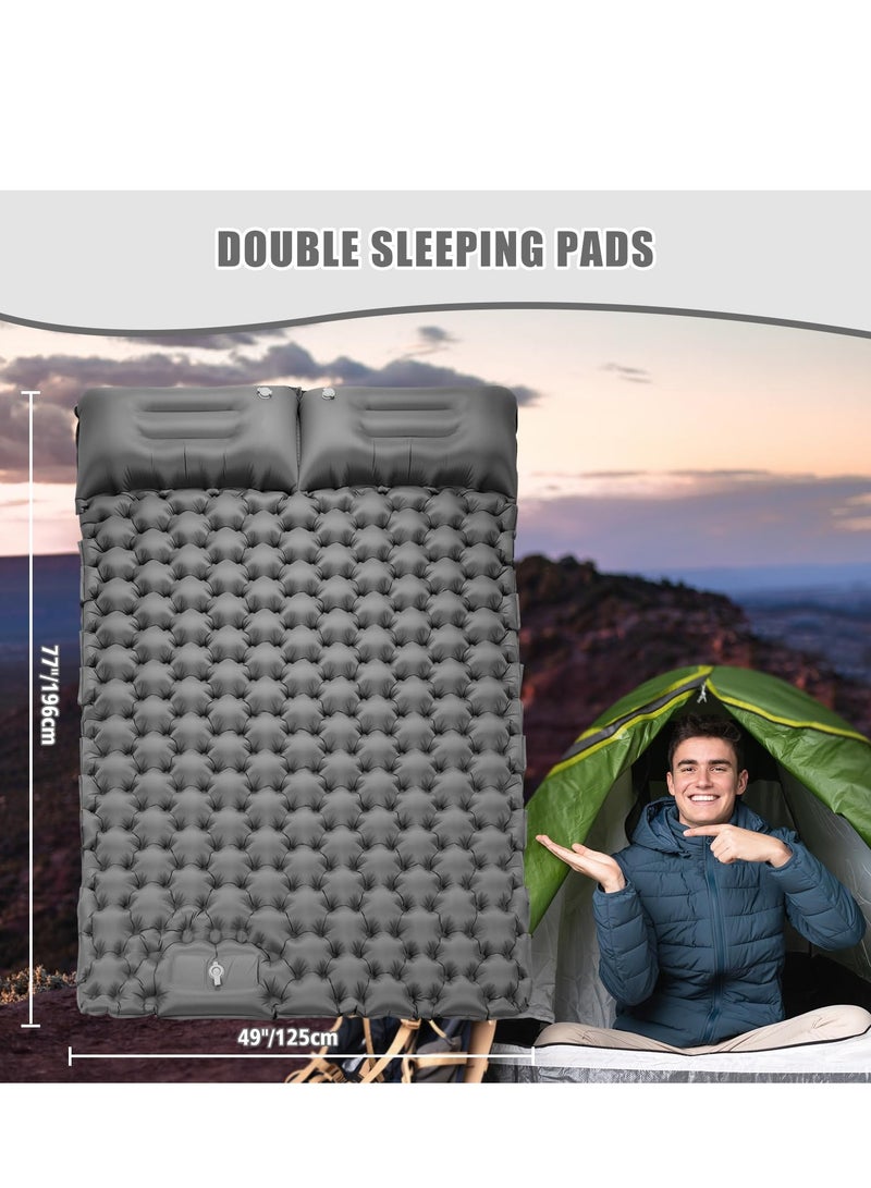 Double Sleeping Pad for Camping, 78''X49''X3.9'' Large Self Inflating Camping Sleeping Pad with Pillow Built-in Pump Portable 2 Person Camping Pad for Hiking, Backpacking, Tent Air Mattress(Grey)