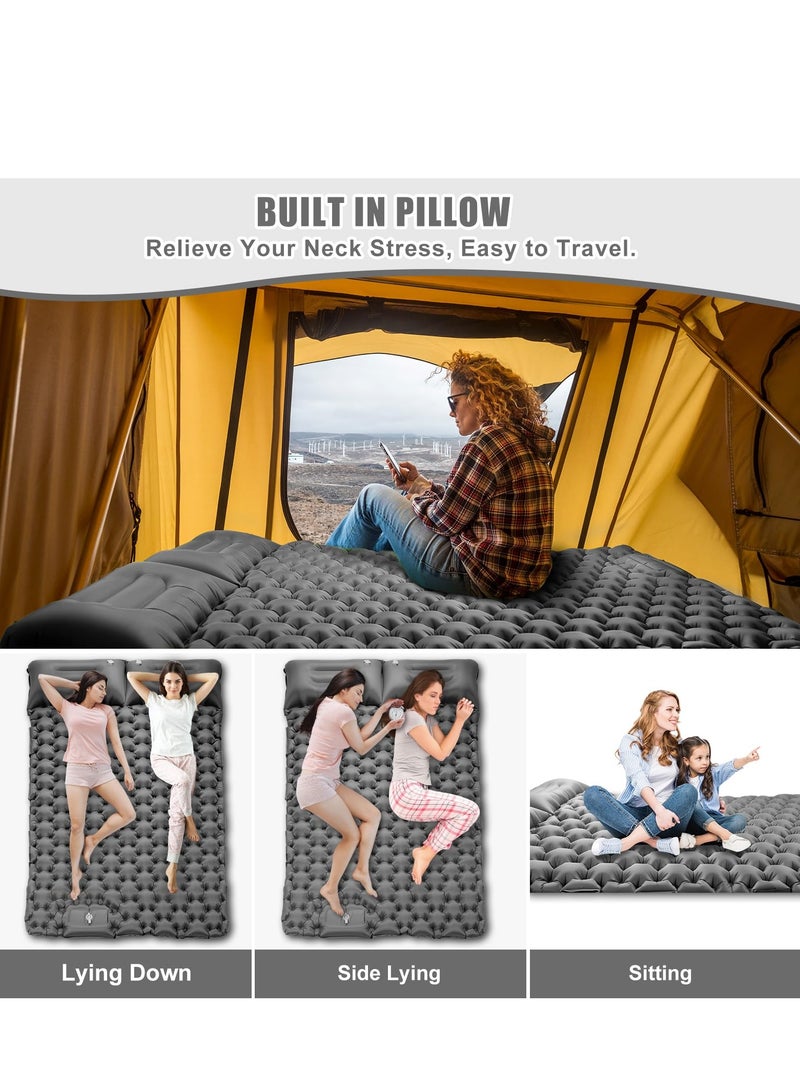 Double Sleeping Pad for Camping, 78''X49''X3.9'' Large Self Inflating Camping Sleeping Pad with Pillow Built-in Pump Portable 2 Person Camping Pad for Hiking, Backpacking, Tent Air Mattress(Grey)