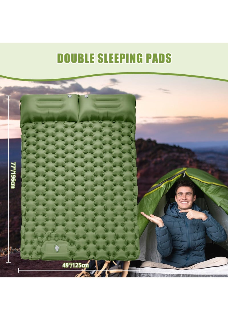 Double Sleeping Pad for Camping, 78''X49''X3.9'' Large Self Inflating Camping Sleeping Pad with Pillow Built-in Pump Portable 2 Person Camping Pad for Hiking, Backpacking, Tent Air Mattress(Green)
