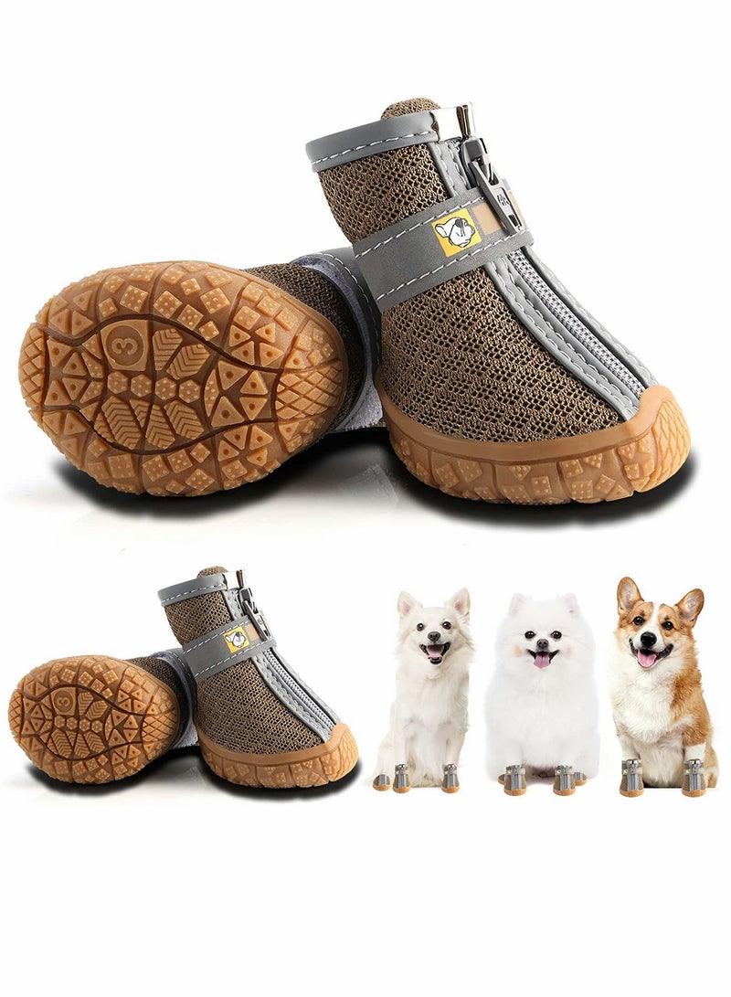 Dog Shoes 4 Pcs Size 4 Anti Slip Breathable Waterproof Dog Booties Boot Paw Protector for Small Dog Dog Hiking Shoes with Reflective Adjustable Strap Zipper Puppy Shoe for Hot Pavement Winter Snow