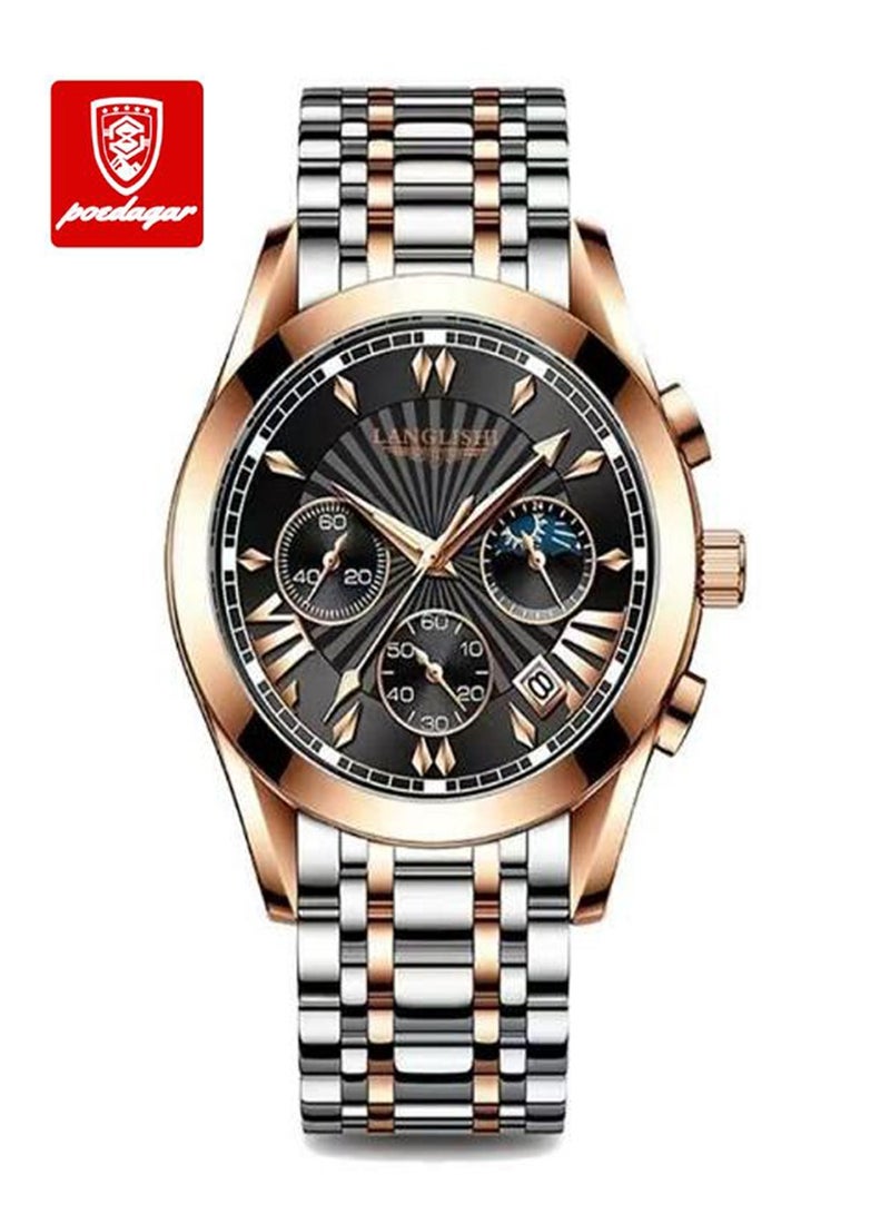 Men’s Analog Silver and Rose Gold Stainless Steel Black Quartz Watch 40mm