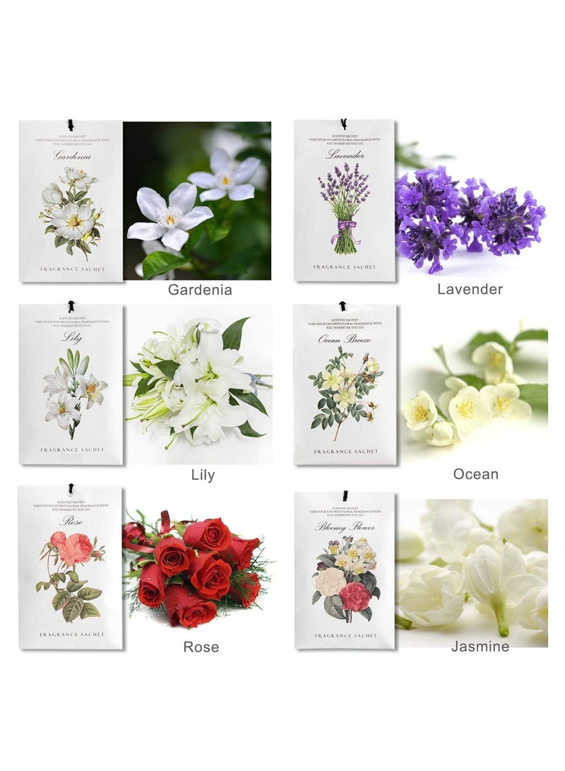 Lavender Jasmine Lily Rose Ocean Gardenia Flower Sachet 1Box 12Pcs 6 Scent Closet Air Deodorizer Freshener Scented Drawers Sachets Long Lasting Smell Goods for House Home Car Fragrance Products