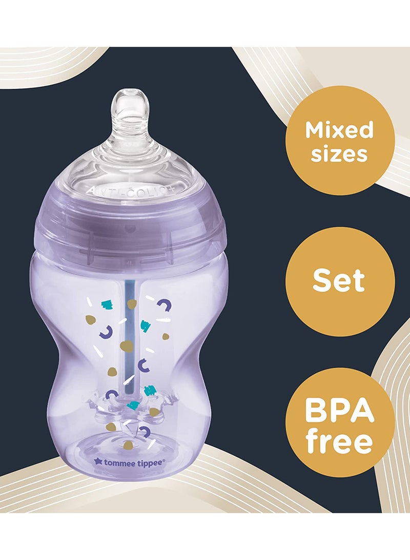 Advanced Closer To Nature Anti-Colic Starter Baby Bottle Kit  2x 150 ml And 2x 260 ml With Slow Flow Teats For 0 Months+, Purple