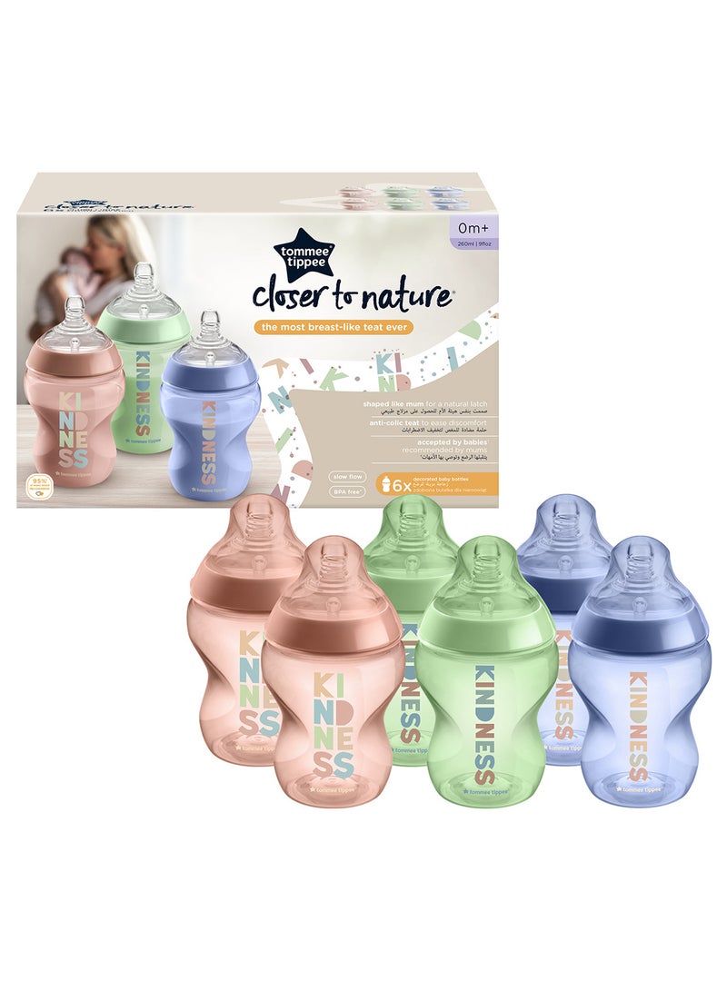 Pack Of 6 Closer To Nature Baby Bottles Slow-Flow Breast-Like Teat With Anti-Colic Valve 0 Months+ 260  ml Multicolor