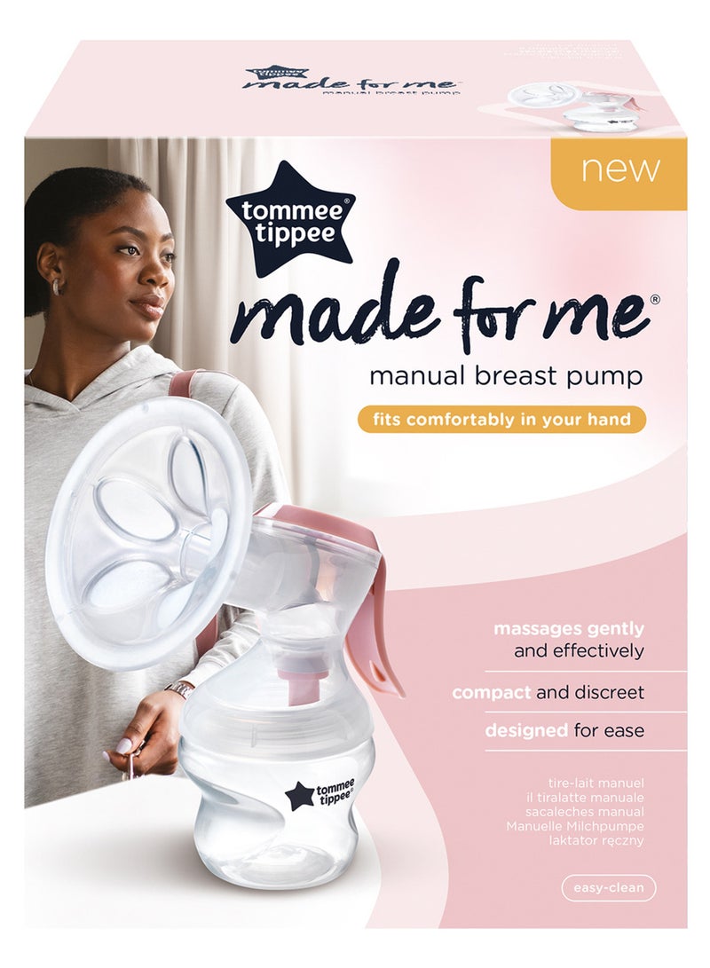 Made for Me Single Manual Breast Pump, Strong Suction, Soft Feel, Ergonomic Handle, Portable and Quiet Breastmilk Pump, Baby Bottle Included, One Size