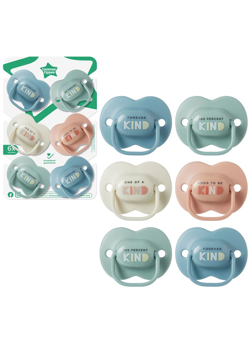 Pack Of 6 Anytime Soothers, Symmetrical Orthodontic Design, BPA-Free Silicone Baglet, 6-18 Months Multicolor
