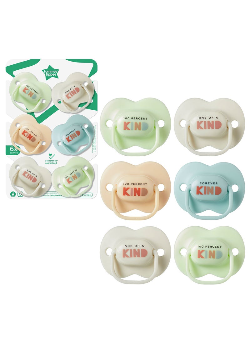 Pack Of 6 Anytime Soothers Symmetrical Orthodontic Design BPA-Free Silicone Baglet For 0-6 Months Multicolour