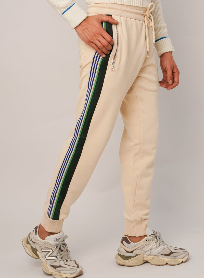 Men’s Side Stripe Zipper Pockets Jogger Pants in Marshmallow
