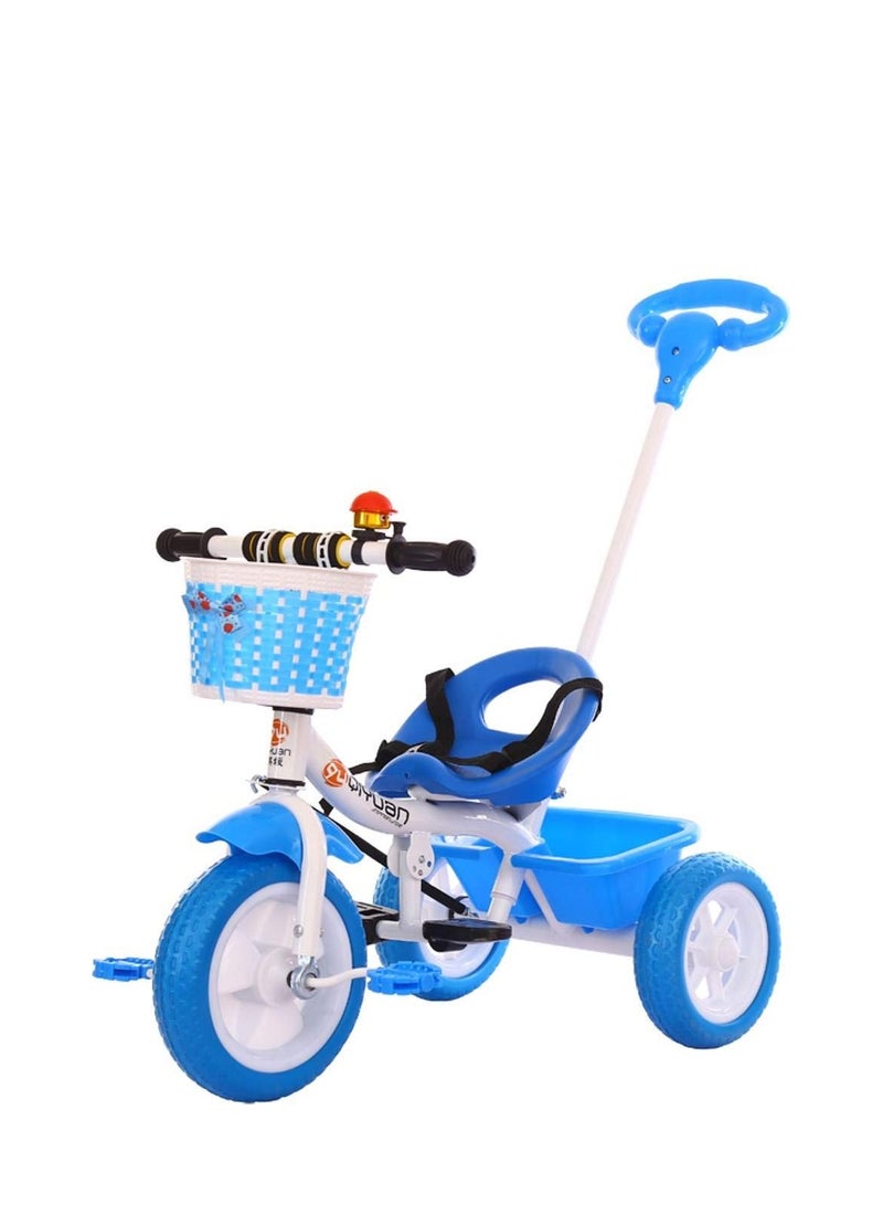Kids Three Wheels Tricycle Bicycle With Push Bar & Basket For Outdoor 3 Wheel Bike Scooter-Blue