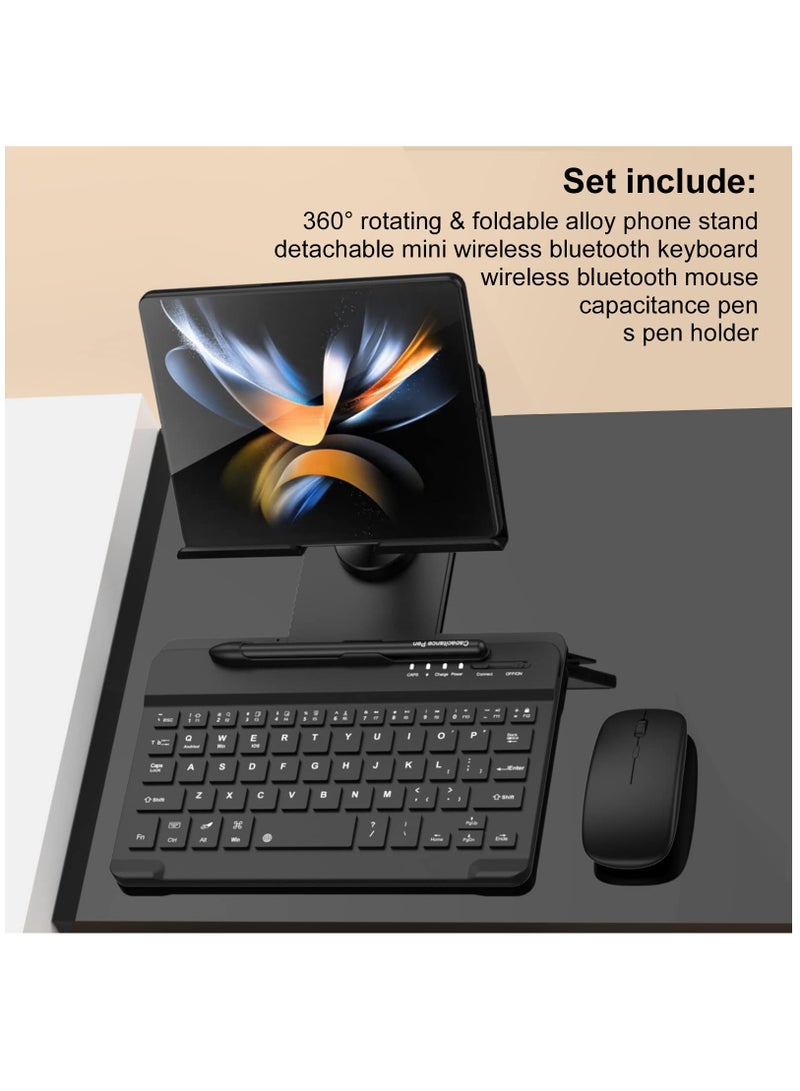 Compatible with Samsung Galaxy Z Fold 4/3/2, Set Include Mini Wireless Bluetooth Keyboard, Mouse, Comfortable & Adjustable Phone Stand, Capacitance Pen, and S Pen Holder [Easy to Carry] -Black