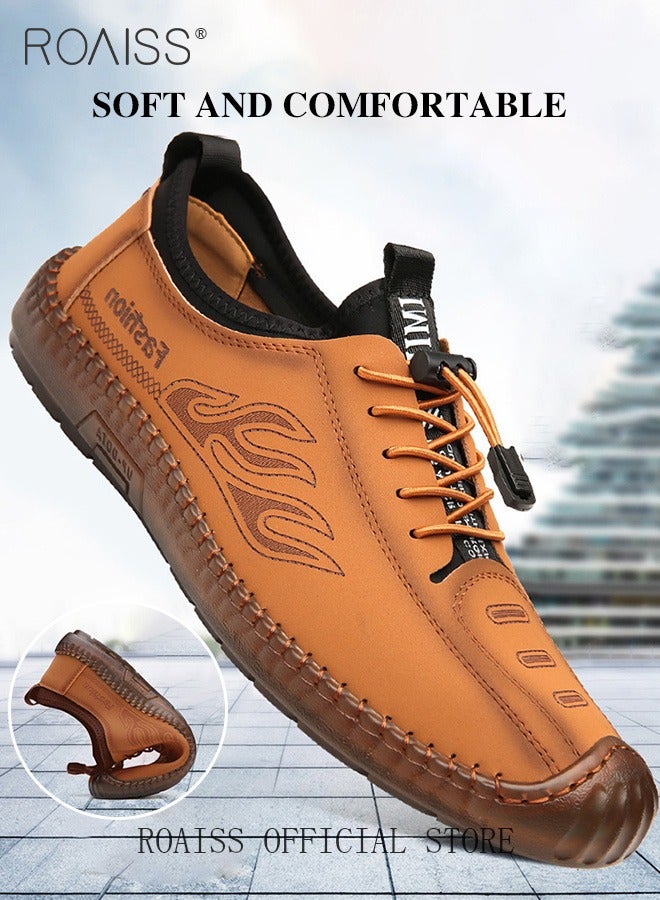 New Mens Casual Drawstring Non-slip Soft Sole Flat Shoes Fashion Round Toe Shoes Daily Hand Stitched Leather Shoes