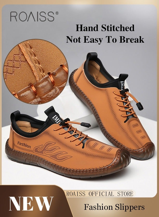 New Mens Casual Drawstring Non-slip Soft Sole Flat Shoes Fashion Round Toe Shoes Daily Hand Stitched Leather Shoes