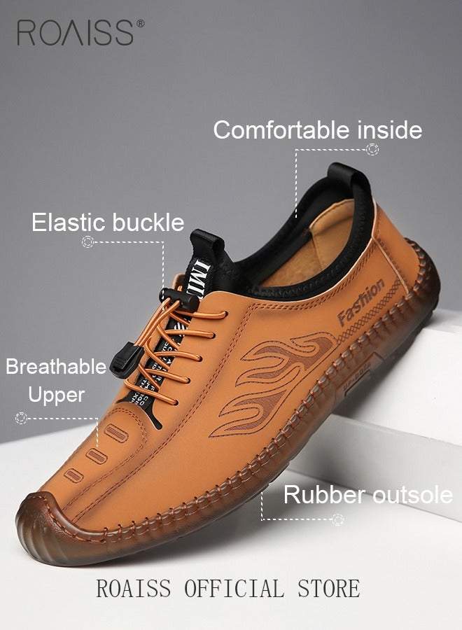 New Mens Casual Drawstring Non-slip Soft Sole Flat Shoes Fashion Round Toe Shoes Daily Hand Stitched Leather Shoes