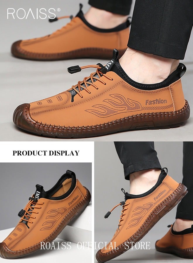 New Mens Casual Drawstring Non-slip Soft Sole Flat Shoes Fashion Round Toe Shoes Daily Hand Stitched Leather Shoes