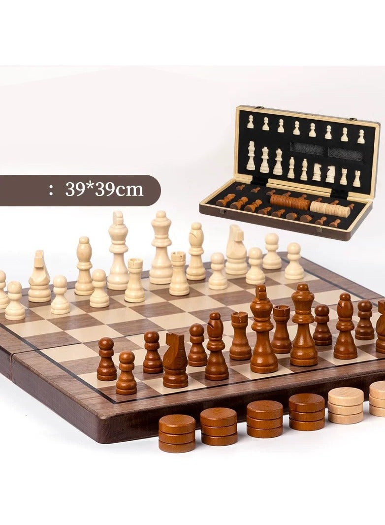 2 in one Chess and Checkers 38cm Premium Quality Wooden Big Magnetic Board Portable Folding Board Game