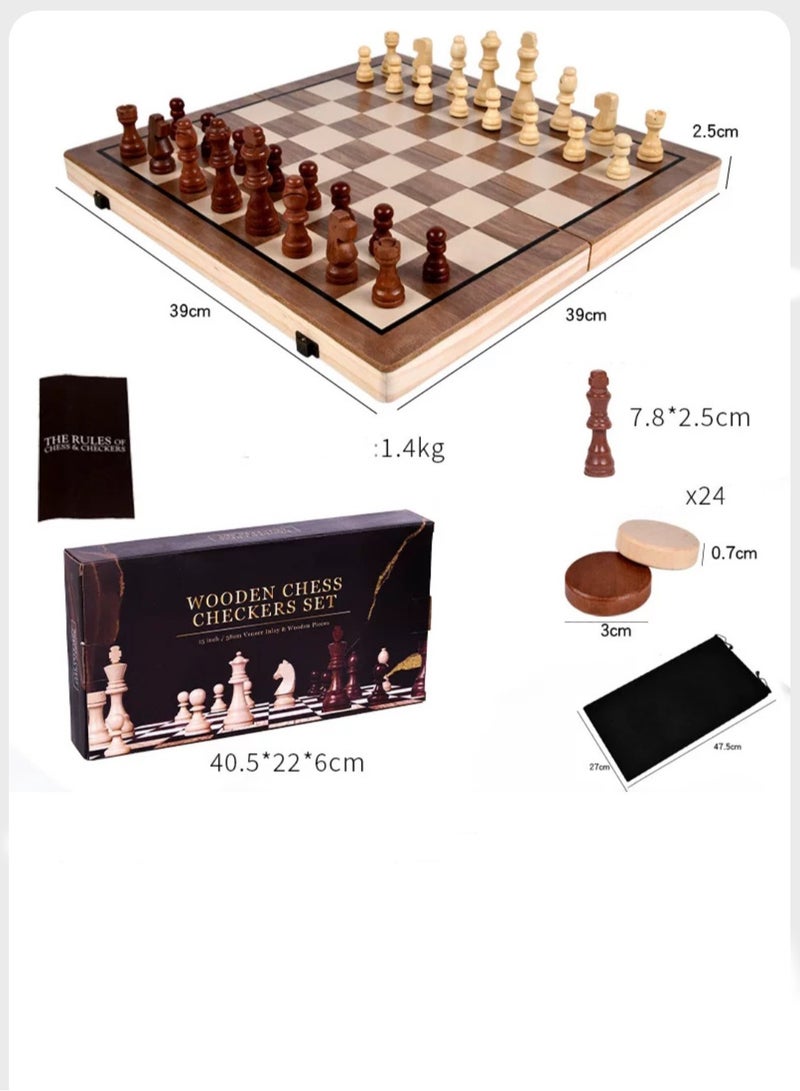 2 in one Chess and Checkers 38cm Premium Quality Wooden Big Magnetic Board Portable Folding Board Game