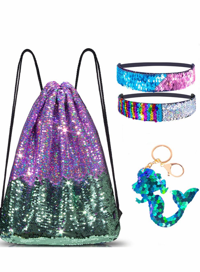 Drawstring Bags, Mermaid Reversible Sequin Backpack Headband Keychain Bracelet Gifts for Girls