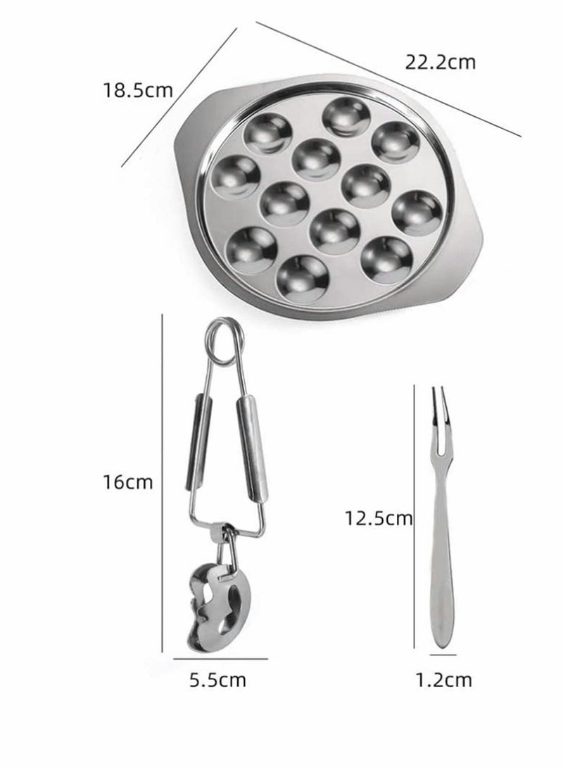 Escargot Dining Set, Stainless Steel Tableware Metal Snail Tong 12 Compartment Holes Plate Fork for Home BBQ Restaurant, 2 Set