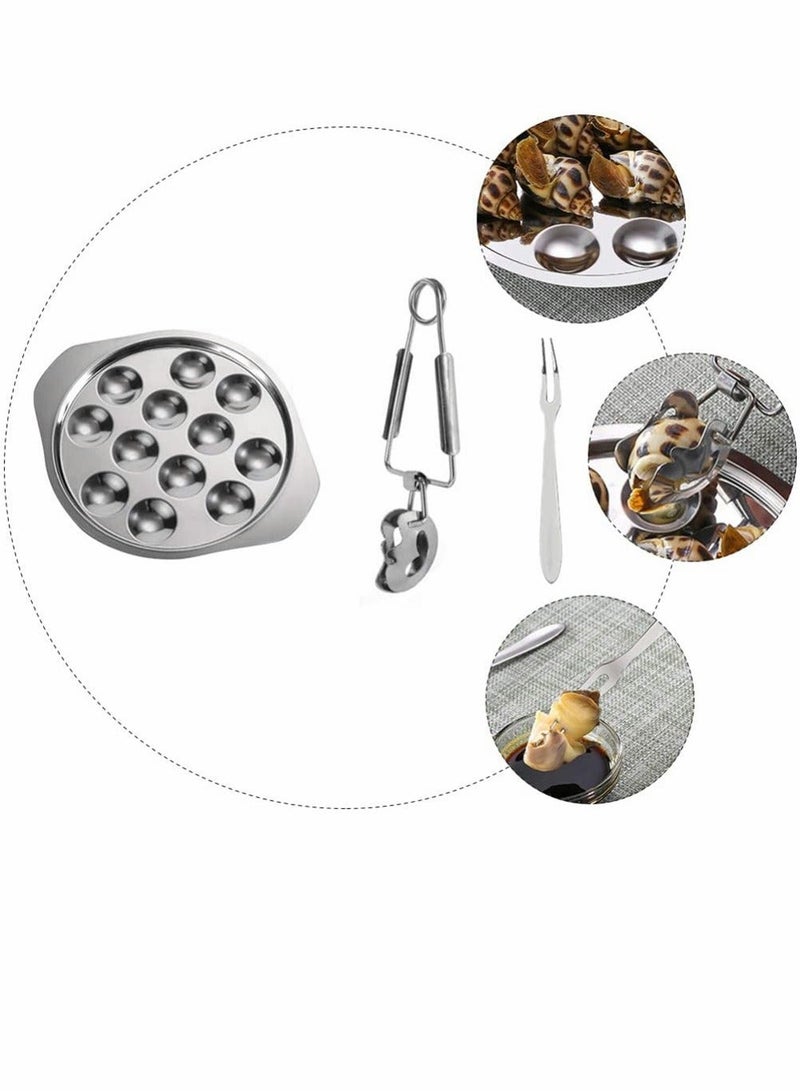 Escargot Dining Set, Stainless Steel Tableware Metal Snail Tong 12 Compartment Holes Plate Fork for Home BBQ Restaurant, 2 Set