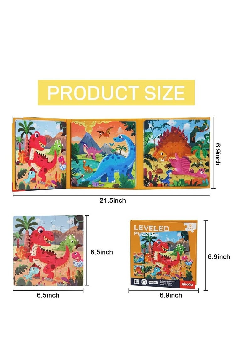 Magnetic Puzzles for Kids Ages 3-7, Dinosaur Themed Magnetic Travel Puzzles Toys, 3 Styles Dinosaur Wooden Jigsaw Puzzle Toys, Travel Games and Travel Toys, for Boys and Girls