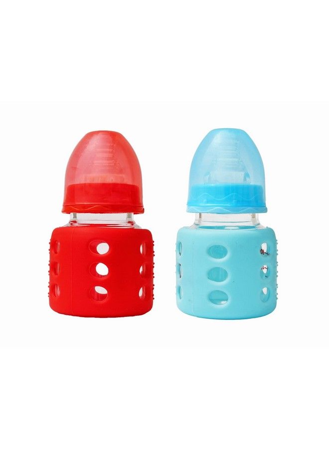 High Borosilicate Glass Feeding Bottle For Baby Feeder For Newborn ; Super Soft Flow Control & Anti Colic Nipple For Infants Toddlersblue & Red (60Ml)