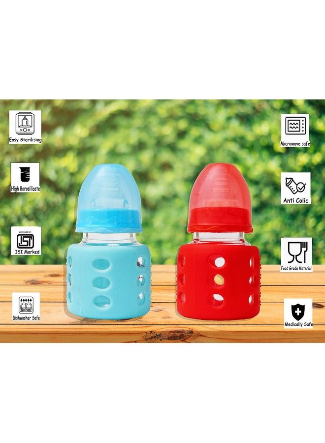 High Borosilicate Glass Feeding Bottle For Baby Feeder For Newborn ; Super Soft Flow Control & Anti Colic Nipple For Infants Toddlersblue & Red (60Ml)