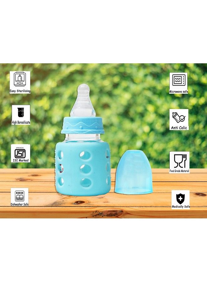 High Borosilicate Glass Feeding Bottle For Baby Feeder For Newborn ; Super Soft Flow Control & Anti Colic Nipple For Infants Toddlersblue & Red (60Ml)
