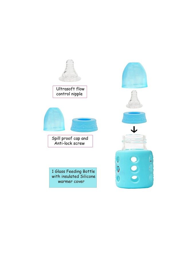 High Borosilicate Glass Feeding Bottle For Baby;Feeder For Newborn ; Super Soft Flow Control & Anti Colic Nipple For Infants;Toddlers Blue & Red (60Ml)