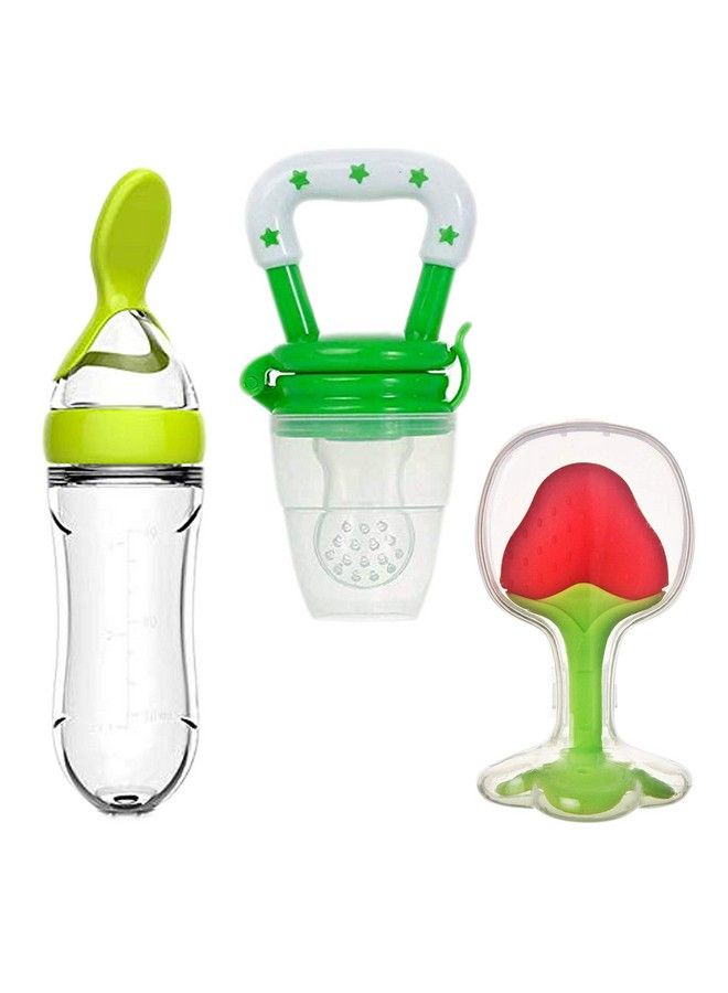 Infant Baby Squeezy Food Grade Silicone Bottle Feeder & Fruit Shape Silicone Teether With Fruit Pacifier (Squeezy Feeder Green + Pacifier Green + Teether 'Strawberry')(Pack Of 3)