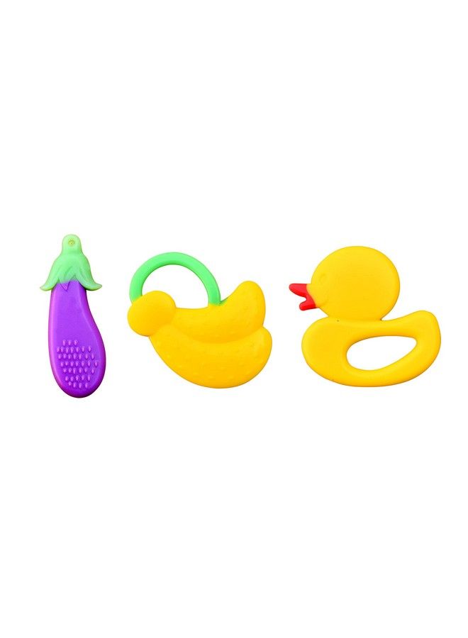 Combo Silicone Fruit Shape Teether For Baby Toddlers Infants Children (Pack Of 3) (Brinjal Banana & Duck)