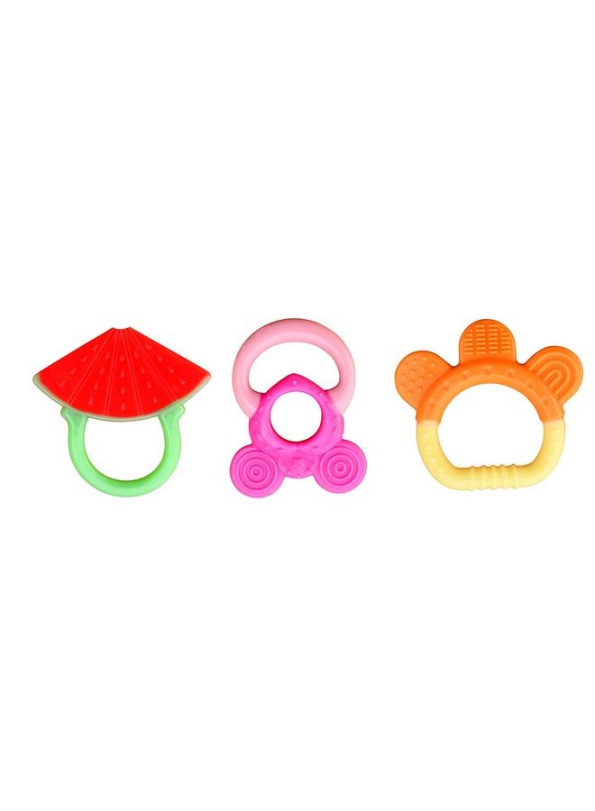 Combo Silicone Fruit Shape Teether For Baby Toddlers Infants Children (Pack Of 3) (Watermelon Candy Pink & Ring Orange)