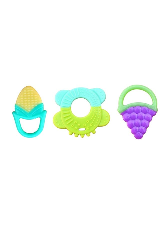 Combo Silicone Fruit Shape Teether For Baby Toddlers Infants Children (Pack Of 3) (Corn Ring Green & Grapes)