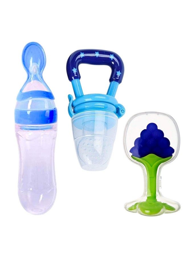 Infant Baby Squeezy Food Grade Silicone Bottle Feeder & Fruit Shape Silicone Teether With Fruit Pacifier (Squeezy Feeder 'Blue' + Pacifier 'Blue' + Teether 'Grapes') (Pack Of 3)